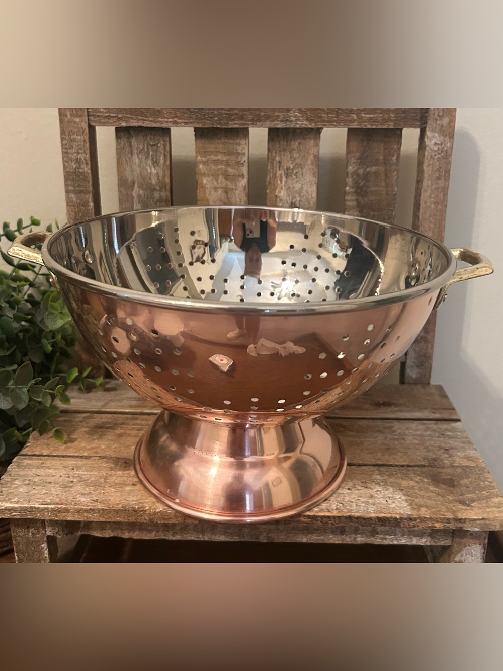 Vintage Copper Colander 9" Footed Strainer Brass Handles Pedestal Base Farmhouse